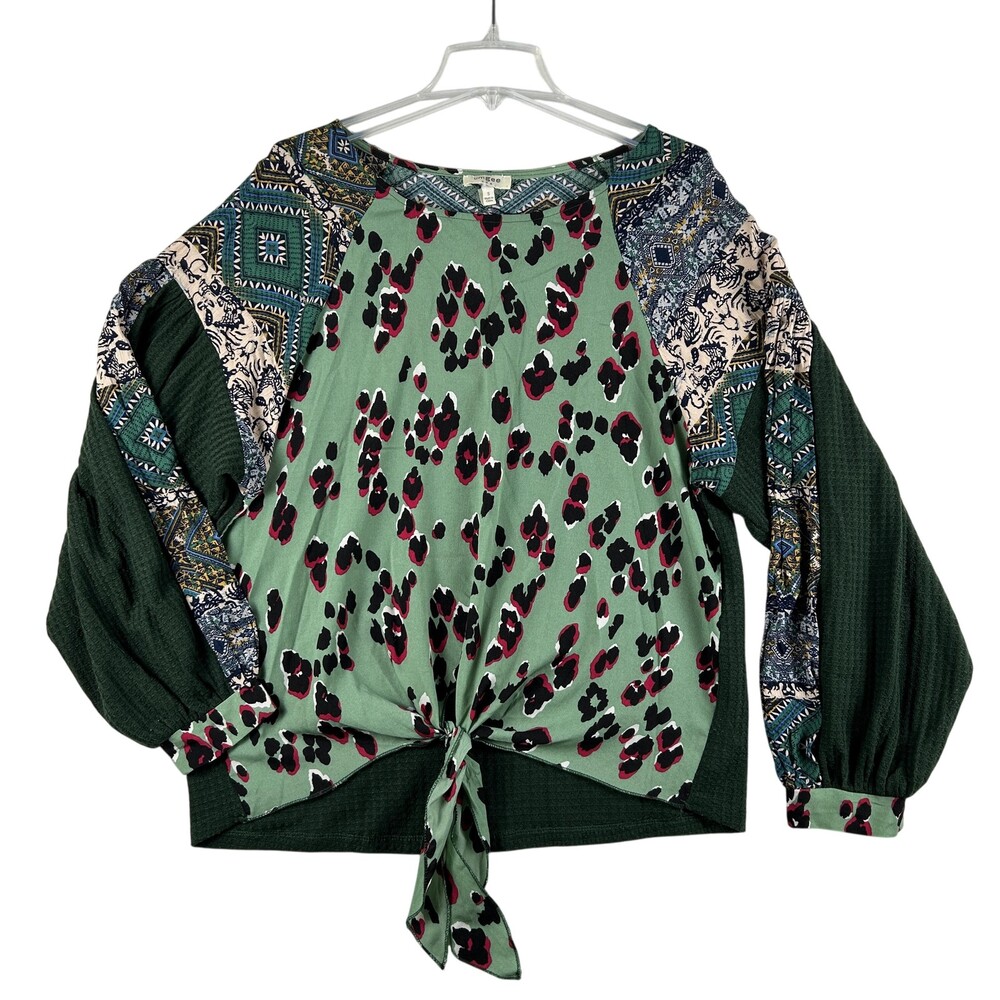Umgee Top Womens S Green Animal Print Boho Patchwork Tie Hem Tunic Blouse